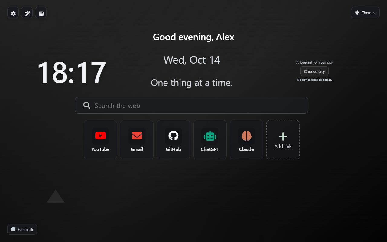 3D Parallax new tab with a clock, greeting, search and compact shortcuts on a dark background