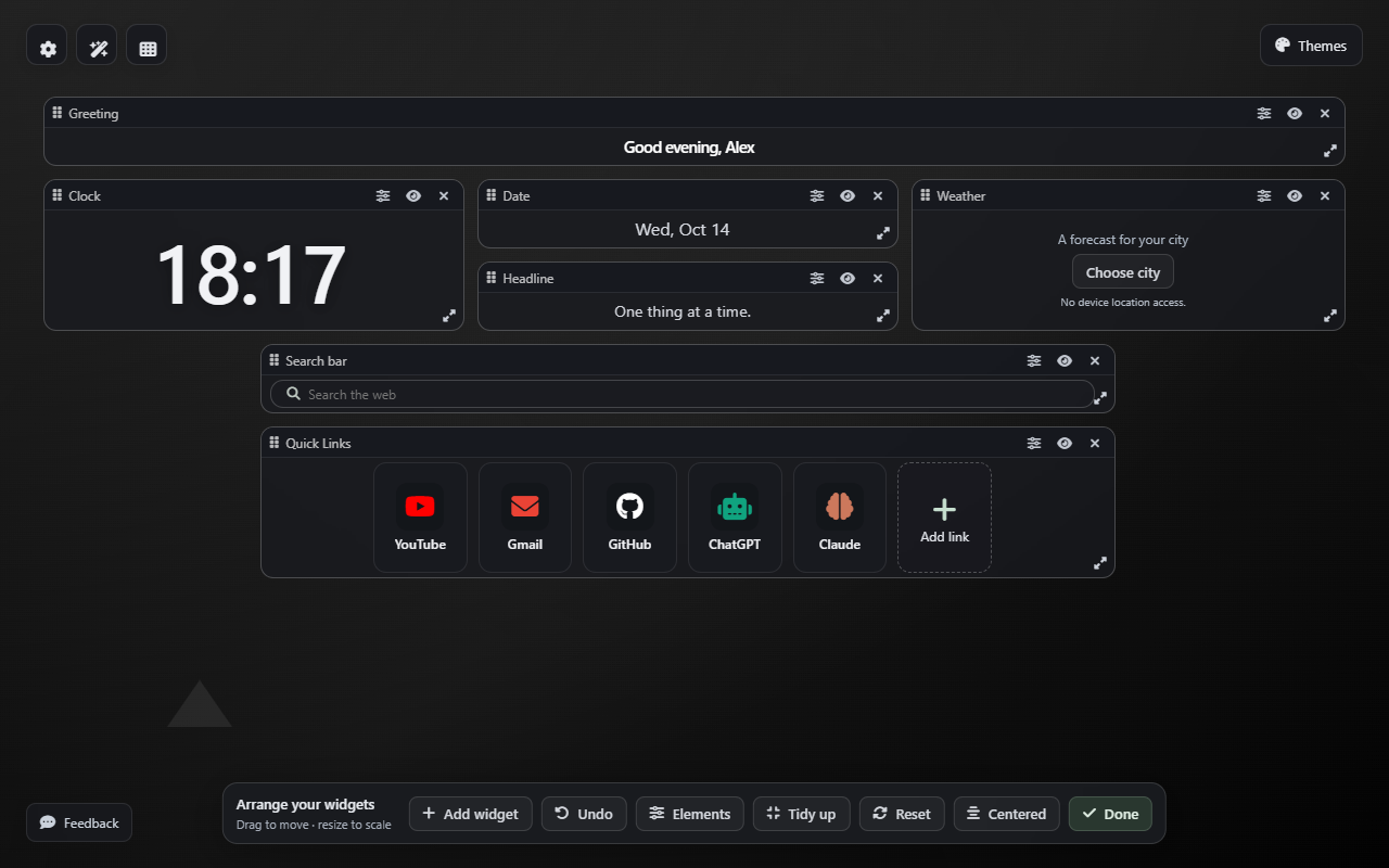 3D Parallax layout editor showing draggable widgets, resize corners and layout controls