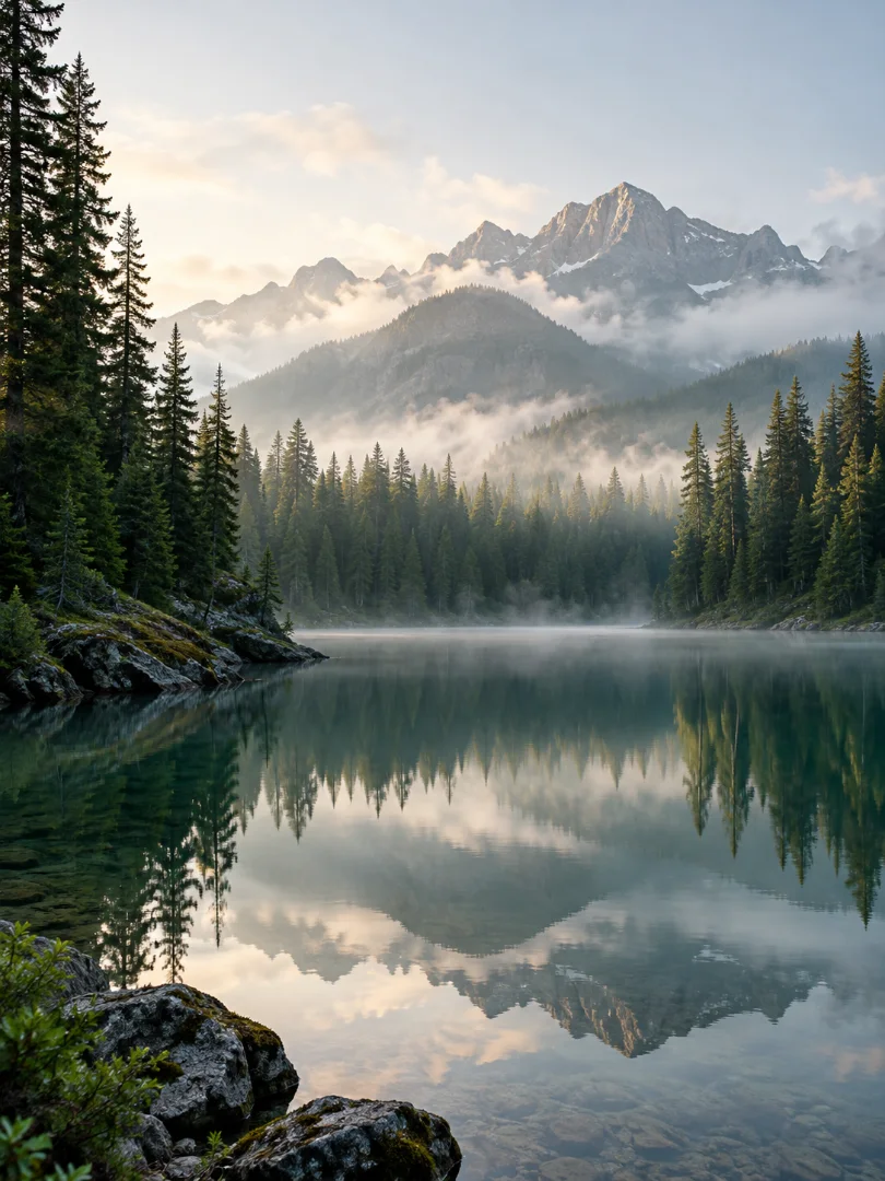 An example forest and mountain-lake wallpaper